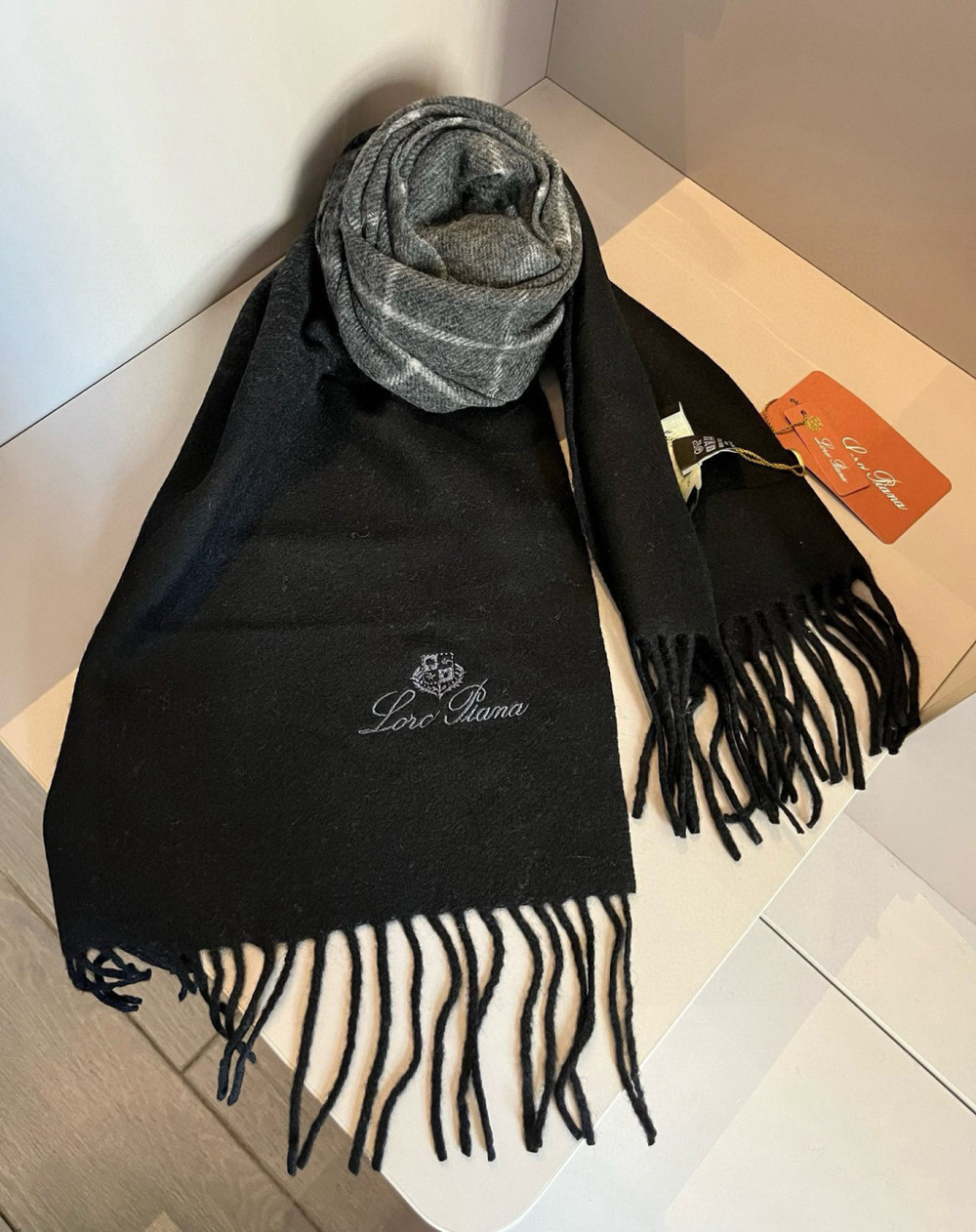 Loro Piana black and grey scarf